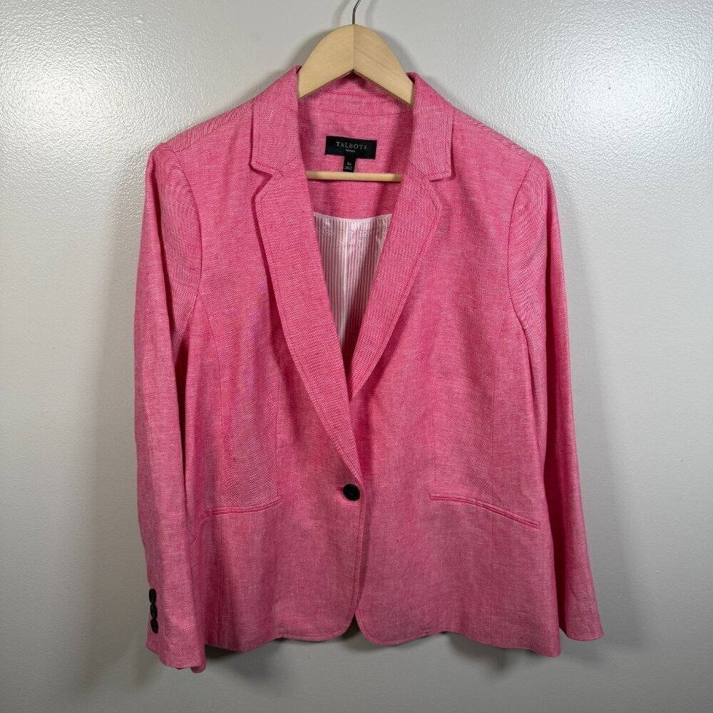 Talbots Linen Blazer Jacket Size 16 Petite Pink Work Office Career Business